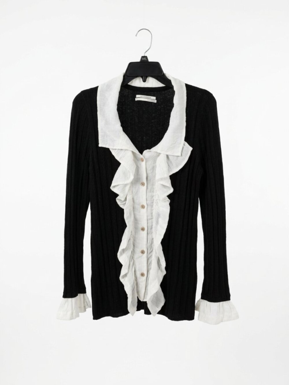 NWT by Anthropologie Black Ribbed Knit Ruffle Collar Layered Sweater Top - M - Picture 3 of 16